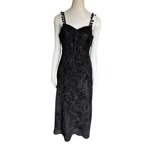 Black Velvet Dress Paisley Sequin‎ Pom Pom Strap Midi Party Cocktail Evening